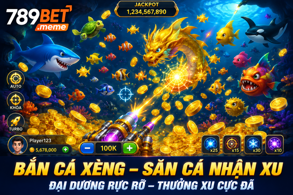 Giao diện Bắn Cá Xèng với đại dương rực rỡ, nhiều loài cá và hiệu ứng xu vàng xuất hiện